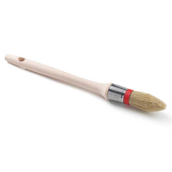 Brosse à rechampir - manche bois brut - soies blanches longues - virole inox - collet rouge Brosse à rechampir - manche bois brut - soies blanches longues - virole inox - collet rouge