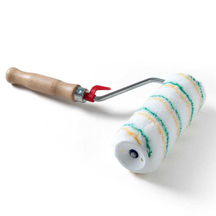 Rouleau complet polyamide - rayure jaune/verte - fibre 13mm - manche bois Rouleau complet polyamide - rayure jaune/verte - fibre 13mm - manche bois